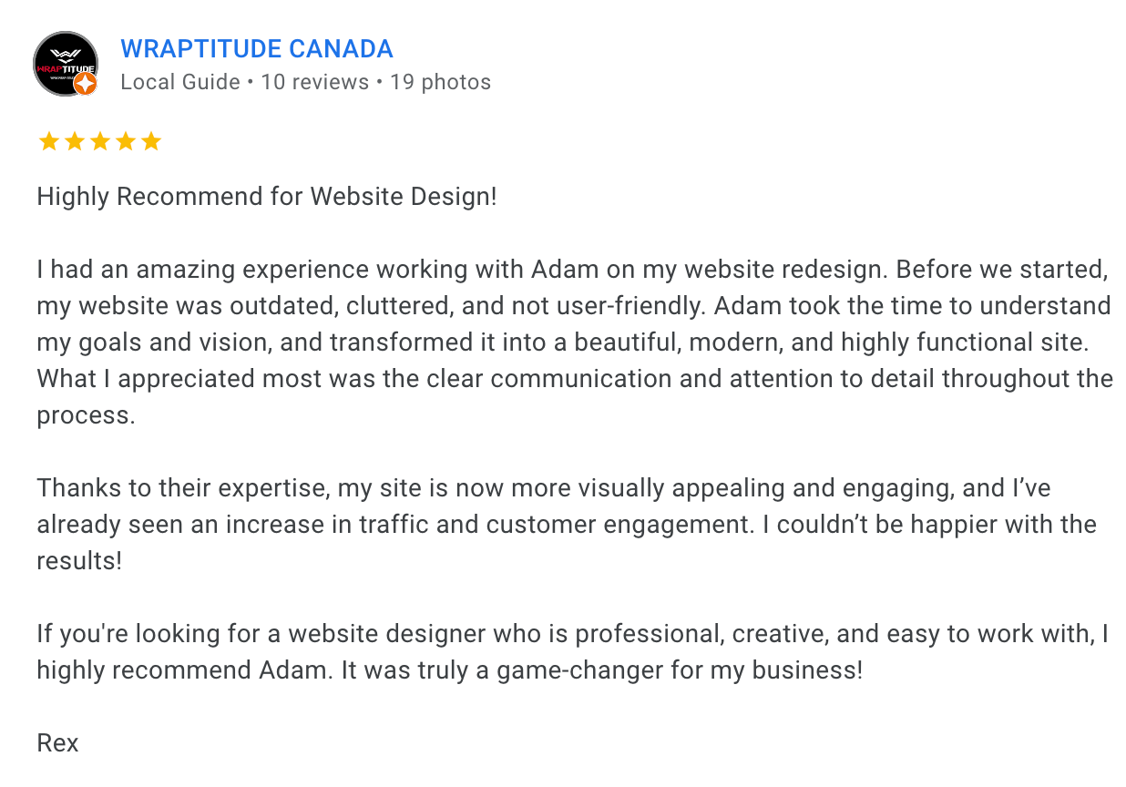 Rex&rsquo;s five-star Google review of Sites Delight